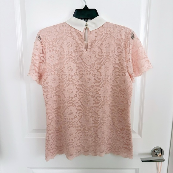 KARL LAGERFELD Pink Lace Short sleeve Top with Ribbon - Picture 4 of 4